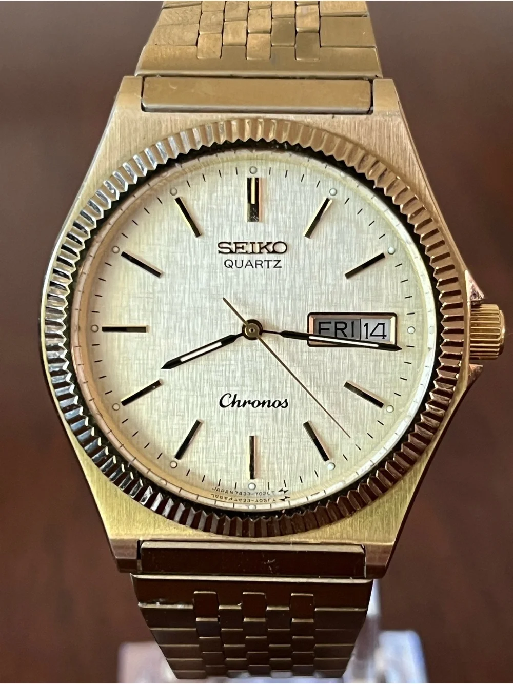 Vintage [N Mint] SEIKO Chronos 7433-7010 Gold Day Date Men's Quartz Watch 6.5”